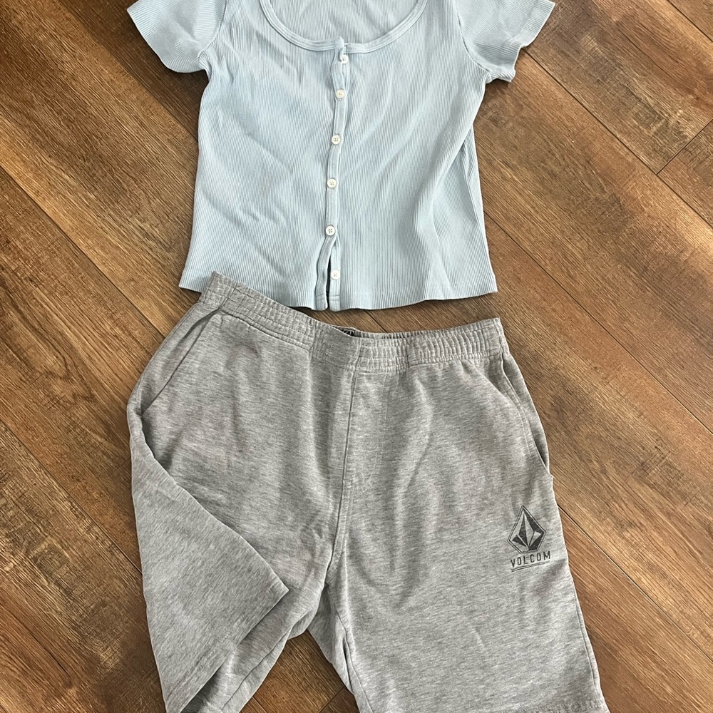 Volcom Light Blue Top and Gray Shorts Set